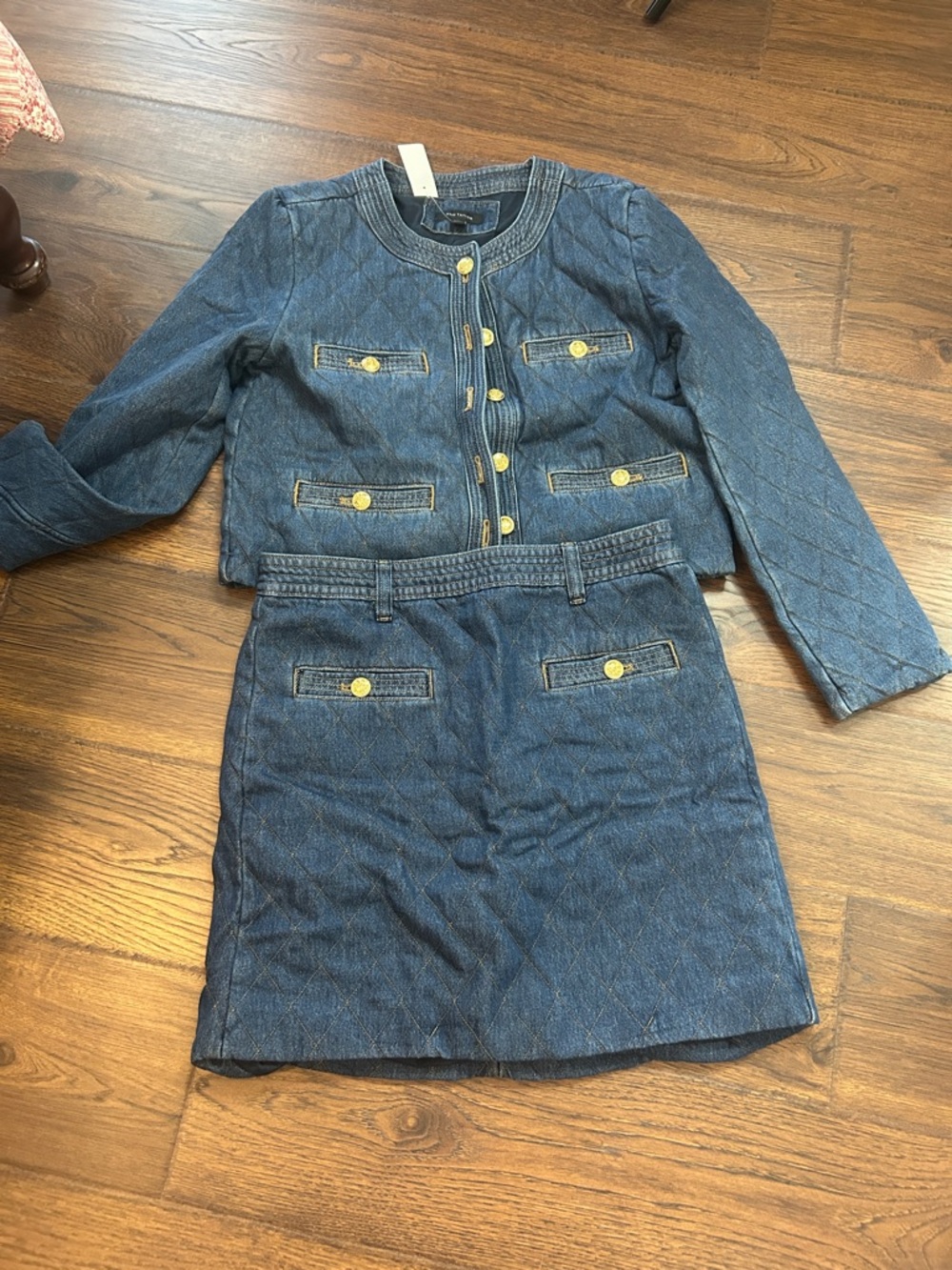 Ann Taylor Quilted Denim Blazer and Skirt Set - Blue with Gold Buttons